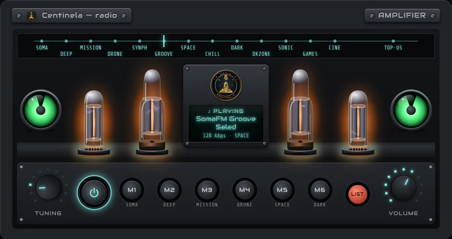 Under the computer, the radio console in the Amplifier style