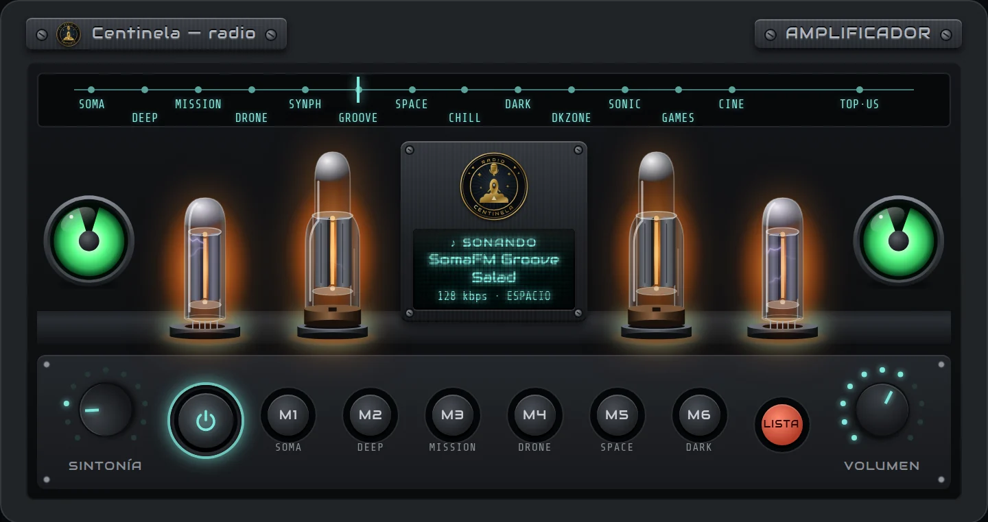 Debajo de la computadora, la consola de la radio con el estilo Amplificador